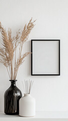 Minimalist Decor with Black and White Vases and Empty Frame