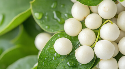 Naklejka premium A close-up view of white berries resting on lush green leaves, adorned with droplets of water, showcasing nature's beauty.