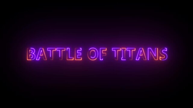 Neon text BATLEOFTITANS glowing purple and orange on a black background battle of titans