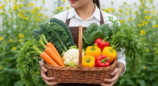 Woman holding a basket of fresh organic vegetables - Powered by Adobe