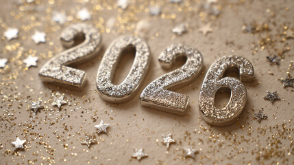 Decorative 2026 with shimmer and stars on textured background