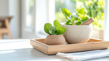 A serene composition of fresh mint leaves in a mortar and a small planter, perfect for culinary inspiration and home decor.