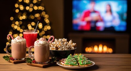 A cozy Christmas movie scene with hot chocolate, festive cookies, and popcorn on a wooden table. A decorated tree and a TV showing a holiday film in the background.