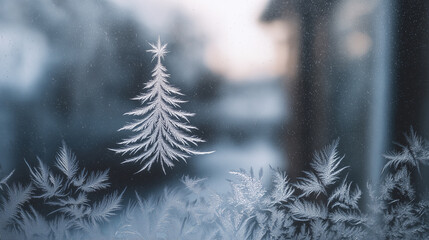 Frosty pattern on window glass. Ice crystals, frost and snowflakes on the glass. Frost pattern in the shape of a Christmas tree. Winter New Year background.