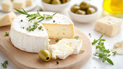 A tempting arrangement of cheese, olives, and herbs on a wooden board, perfect for gourmet culinary experiences.