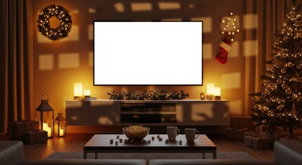 Cozy living room decorated for Christmas. A large TV is mounted on the wall, surrounded by festive decorations, including a Christmas tree and stockings.