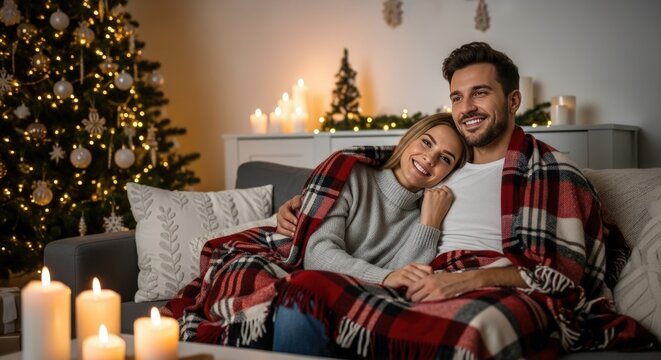 A young Caucasian couple sits on a couch, wrapped in a plaid blanket. They smile while surrounded by candles and a decorated Christmas tree.