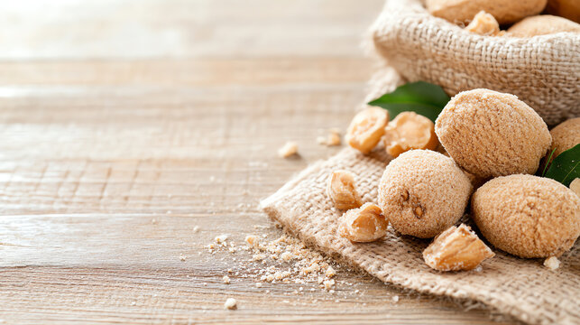 A rustic display of fresh almonds scattered on a wooden surface, accentuated with green leaves for a natural touch.