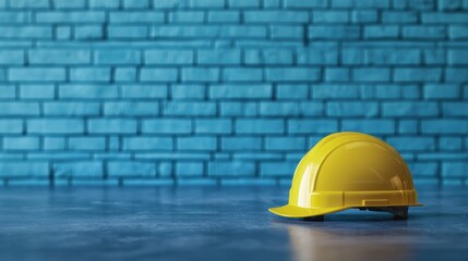 A yellow hard hat on a blue brick wall. The construction concept of safety and protection. The image highlights the importance of safety gear in construction work.