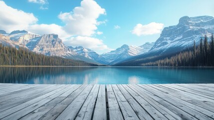 A wooden deck with a view of a mountain lake and snow-capped peaks in the background.