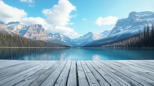 A wooden deck with a view of a mountain lake and snow-capped peaks in the background.