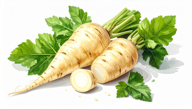 Parsnips with green leaves and one sliced parsnip on white background Keywords: parsnips, root