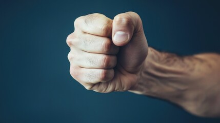 A muscular arm with a clenched fist against a dark background.