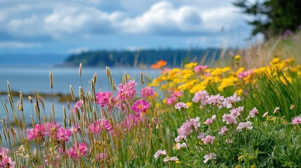 A vibrant flower garden with pink and yellow flowers, green grass, and a serene ocean view in the background.