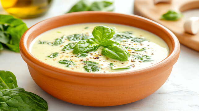 Delicious green soup garnished with fresh basil leaves, showcasing vibrant colors and a creamy texture, perfect for healthy meals.