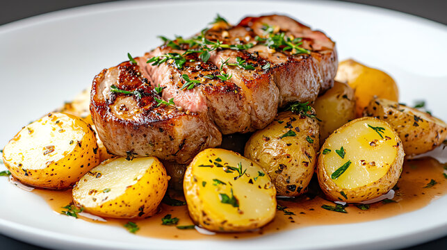 Delicious grilled steak served with roasted potatoes garnished with herbs, perfect for a hearty meal. - Powered by Adobe
