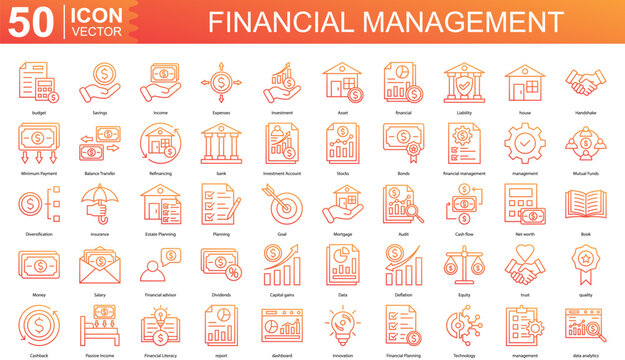 Financial Management icon collection set. Containing budget, Savings, Income, Expenses, Investment, Asset, financial icon