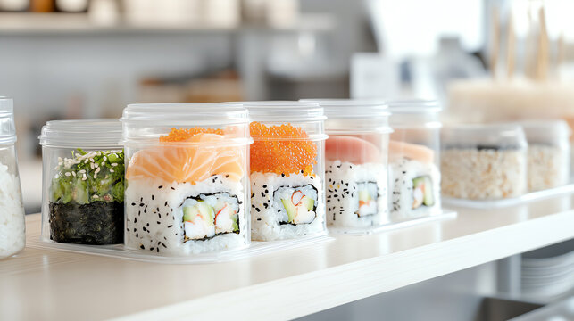 Delicious sushi in clear containers, showcasing vibrant colors and fresh ingredients, perfect for quick meals and culinary presentations.