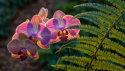 Pink orchids and green fern with water droplets in sunlight purple stripes