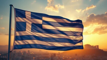 Greek Flag Waving at Sunset – Greek Independence Day Celebration