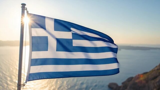 Waving Greek Flag Against Clear Sky – Greek Independence Day Footage
