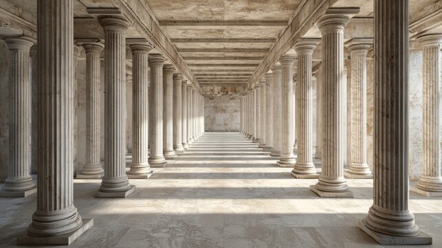 A grand, classical Greek temple with marble columns and a stone floor.