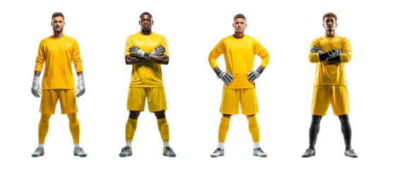 Four male soccer goalkeepers in yellow uniforms standing against a white background.