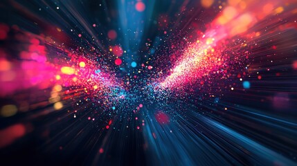 A vibrant, colorful explosion of pink, blue, and orange particles against a dark background, creating a dynamic and energetic visual effect.