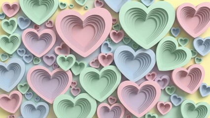 Pastel layered paper hearts forming playful abstract pattern ideal for romantic background, celebration, and creative design.