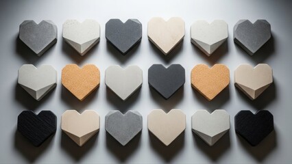 Minimalist arrangement of geometric heart-shaped stones in multiple neutral tones placed in a clean modern grid pattern.