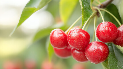 Obraz premium Fresh cherries glistening with dew on a tree branch, showcasing vibrant colors and natural beauty, perfect for nature lovers.