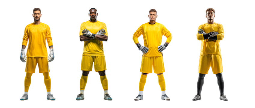 Four male soccer goalkeepers in yellow uniforms standing against a white background. - Powered by Adobe