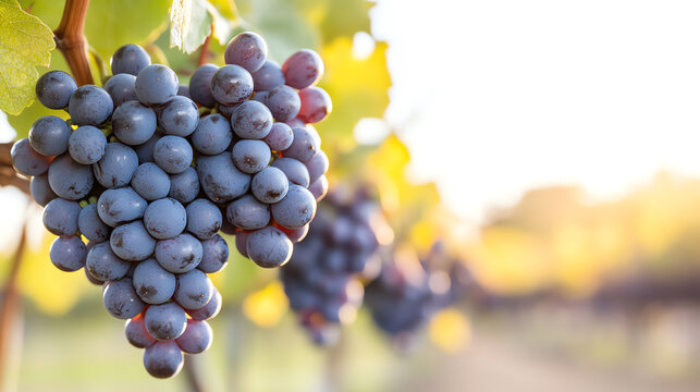 Fresh bunch of ripe grapes hanging on the vine, illuminated by soft sunlight in a scenic vineyard setting.