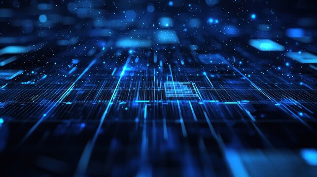 A futuristic circuit board with glowing blue lines and particles in a dark blue background. The concept of technology and digital innovation is emphasized. - Powered by Adobe