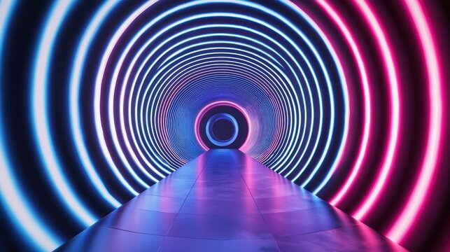 A futuristic, neon-lit tunnel with a reflective floor and ceiling, featuring a circular pattern of blue and pink lights. - Powered by Adobe