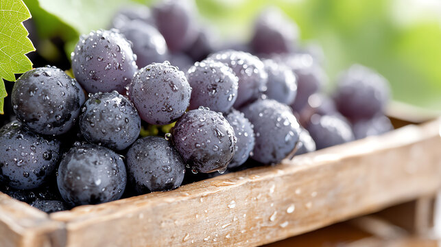 Fresh, dewy purple grapes in a rustic wooden crate, showcasing their plump, juicy texture against a green backdrop.