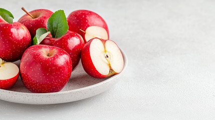 Fresh red apples on a plate, with one apple sliced to reveal its juicy interior and vibrant color, perfect for healthy eating.