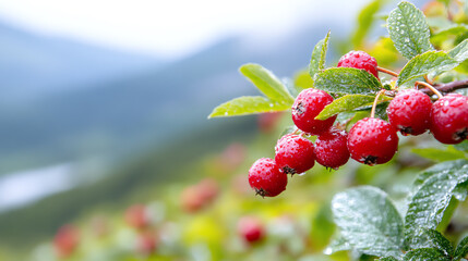 Fresh red berries glistening with morning dew, surrounded by lush green leaves, capturing nature's vibrant beauty in a serene landscape.