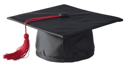 A black graduation cap with a red tassel on a white background.