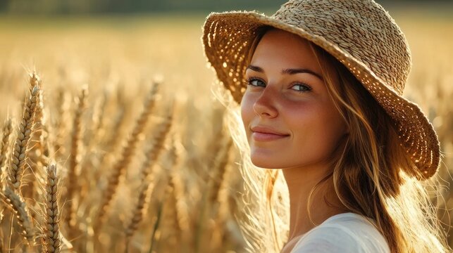 A woman wearing a straw hat stands in a field of wheat, smiling and looking off into the distance.