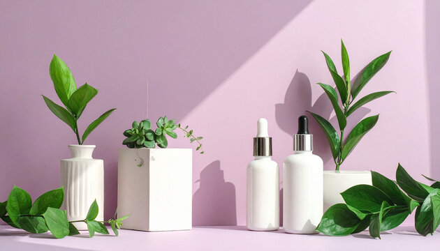 Skincare Bottles and Vases with Green Plants on Purple Surface serum dropper - Powered by Adobe
