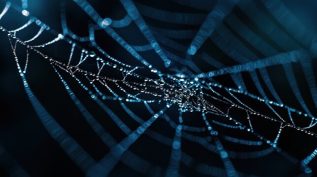 A spider web with dew drops on it, illuminated by blue light. The web is intricate and delicate, with long, thin strands that crisscross and interlace.