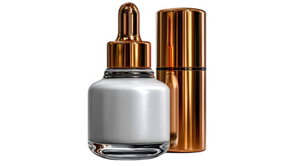 Naklejka premium Golden serum dropper bottle and container for luxury beauty product packaging mockup, skin care routine isolated on transparent background