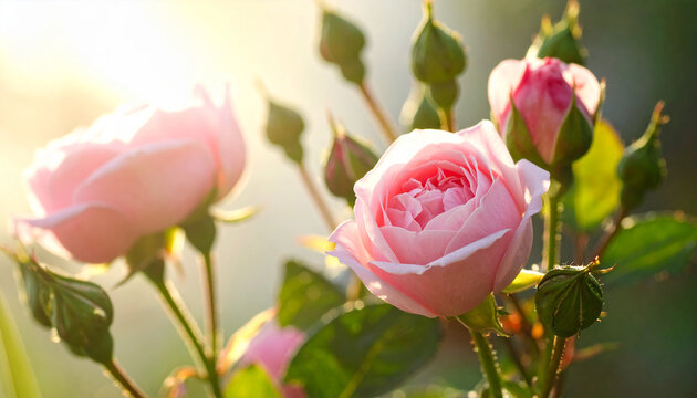 Soft Pink Roses Blooming in Golden Sunlight with Budding Flowers image photo - Powered by Adobe