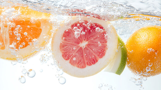 Vibrant fruits submerged in sparkling water, showcasing refreshing citrus tones and bubbles for a delightful visual experience.