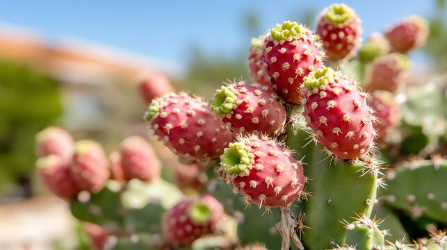 Vibrant red prickly pear fruits growing on a cactus with unique textures and spikes under a clear blue sky.