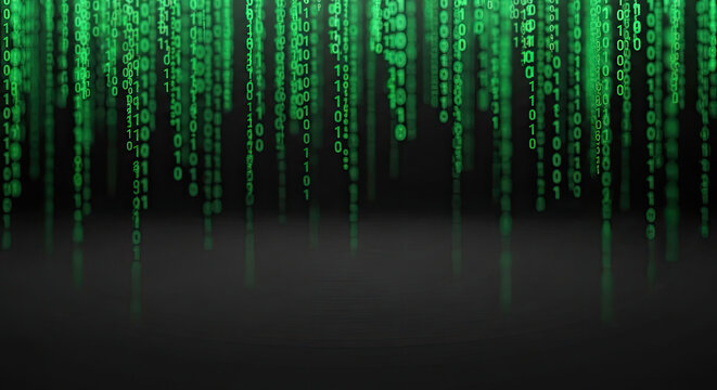 Binary code falling from the sky on a black background.