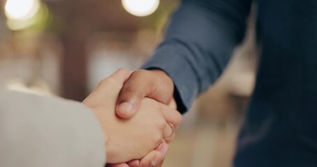 Shaking hands, b2b deal or business people in partnership, collaboration or negotiation agreement in office building. Meeting zoom, welcome or employees handshake for contract, thank you or support - Powered by Adobe