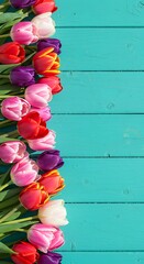Vibrant Tulip Border on Teal Wood