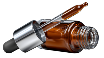 Luxurious amber glass dropper bottle for essential oils and serum product photography promotion usage isolated on transparent background